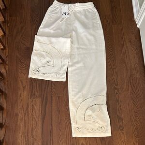 Zara White Embroidered Women's Trousers